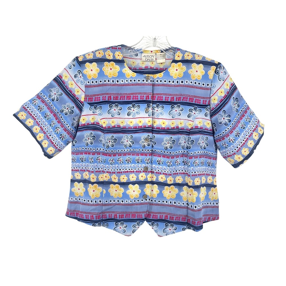 Allison Daley Womens Blue Floral Border Print Button Front Blouse Top Size 10